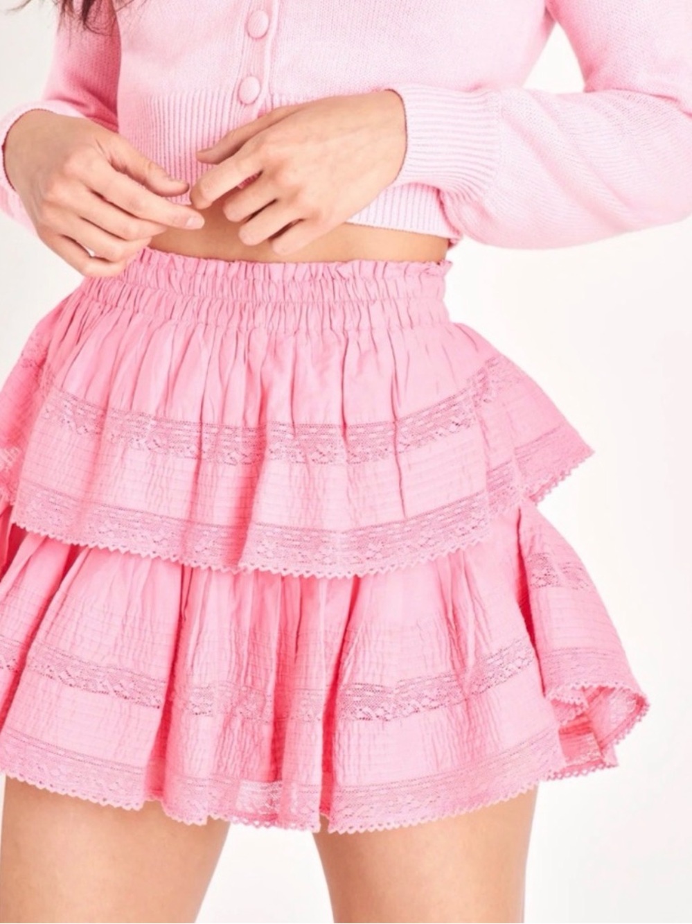 LoveShackFancyaPink Tiered Lace-Trim Mini Skirt with fray edge detail